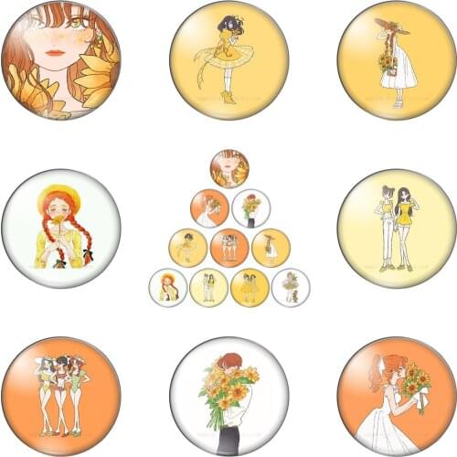 Fshion Cartoon Sunflower Gilrs 10pcs 12mm/14/16/18mm/20mm/25mm Round Photo Glass Cabochon Demo Flat Back Making Findings