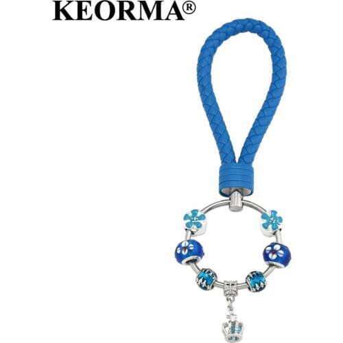 KEORMA Sales Promotion 1PCS Keychain Fashion PU Leather Key Chains Blue Color With Crown Pendant Key Rings YK026