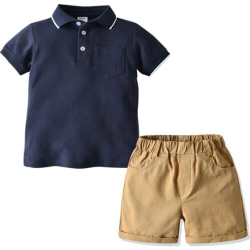 Little Boys Cotton Short-sleeved Suit Fresh Solid Color Lapel Shirt and Elastic Short Pants