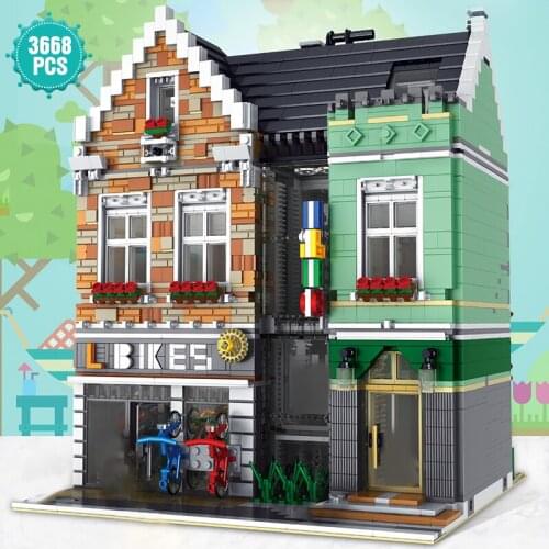 New Creator Expert Europe Style Architecture Building Block Street View Bike Shop Bricks Toys Birthday Gift For Adult