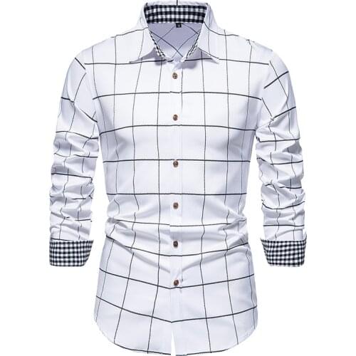 PARKLEES 2021 Big Plaid Patchwork White Shirt Mens Slim Long Sleeve Button Up Formal Shirts for Men Office Business Camisas