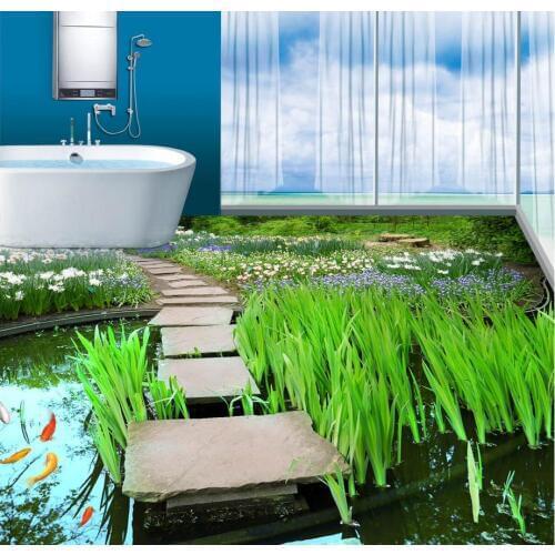 PVC Floor Sticker Painting Murals Modern Custom 3D Floor Mural Garden Water Grass Stone Road Pool Fish 3D Floor