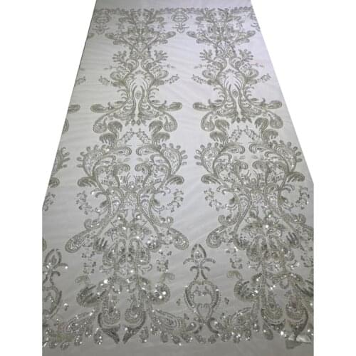 2021 Vintage Guipure African Lace Dubai Beading Fabric Tulle with Embroidery Sequence Sequin White Mesh Material for Party Dress