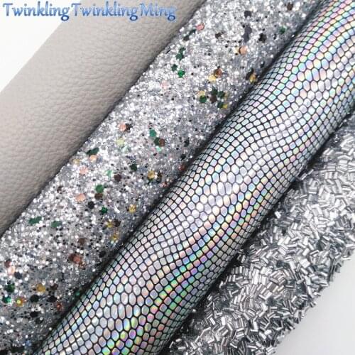 GREY Glitter Fabric, Litchi Leather Fabric Sheets, Iridescent Faux Leather Fabric For Bows A4 Size 8"x11" Twinkling Ming XM144