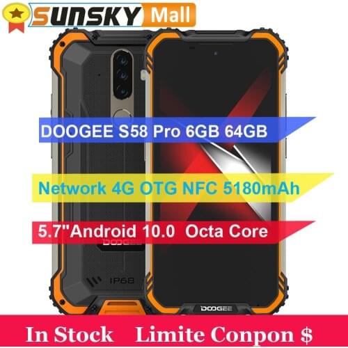 DOOGEE S58 Pro 6GB 64GB Cell Phone Waterproof 5180mAh Battery Fingerprint ID 5.7 inch Android 10.0 Octa Core 4G OTG Smartphone