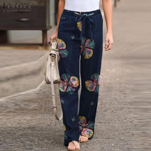 Kaftan Printed Pants Womens Autumn Trousers ZANZEA 2021 Casual Elastic Waist Long Pantalon Palazzo Oversized Turnip Pants