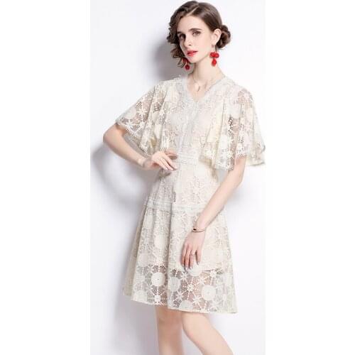 Women Summer Dresses Lace Office Lady A-LINE Mid-Calf Party Dresses For Women V-Neck Elegant Night Short 2021 New Women Dresses