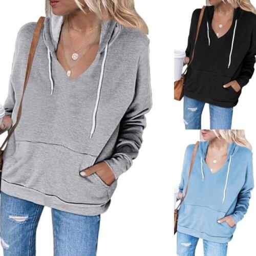 Womens Casual Long-sleeved Drawstring Hoodies Fashion Solid Color Loose Pullover Sweatshirt Spring Autumn