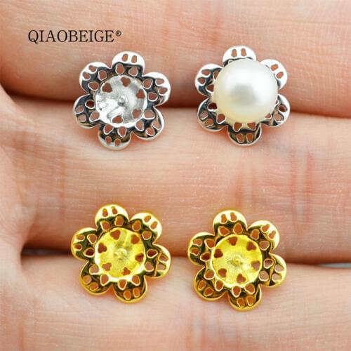 QIAOBEIGE S925 Sterling Silver Cute Sweet flower Button Pearl Earrings findings only accessory Ear Stud Earring for Women Girls