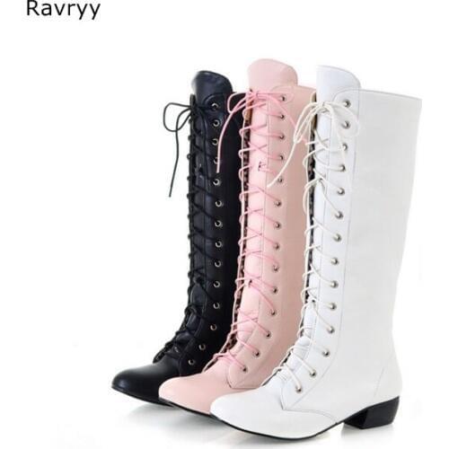 White Women long boots cross lace up girls Cosplay knee-high boot low heel female party club show shoes autumn winter fashion