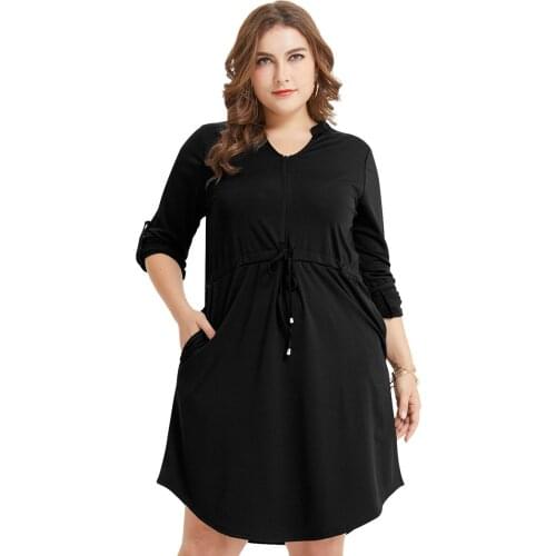 Womens Loose Dress Plus Size 3XL 4XL 2019 New Arrived Ladies Casual Dresses with Pocket Zippers Lace Up Female Black Blue Dress