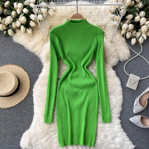 SINGREINY Women Korean Knitted Dress Stand Collar Long Sleeve Elastic Slim Sheath Dress Autumn Winter Sexy Bodycon Sweater Dress