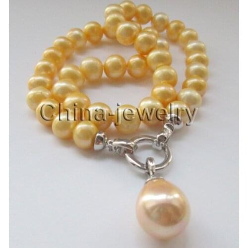 P6710-18" 11mm gold round freshwater pearl necklace + 20mm shell pearl pendant