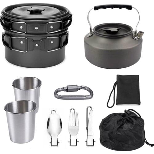 1Set Outdoor Pots Pans Camping Cookware Picnic Cooking Set Non-Stick Tableware with Stove Spoon Fork Knife Kettle for 2-3 Person