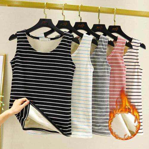 3XL Plus Size Slim Thick Warm Bottoming Stripe Tank Tps Women Sleeveless Autumn Winter Plus Velvet Vest Women Cotton Tops C7485