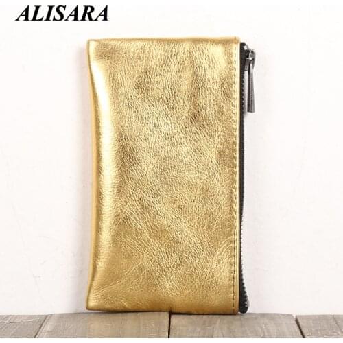 Alisara Mini Long Wallet Lady First Layer Cow Leather High Quality Men Slim Credit Card Purses Storage Coin Pouch Money Bag Gold