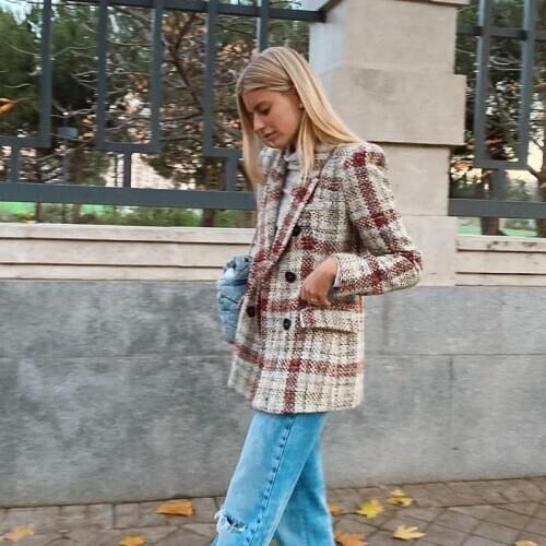 Ardm Fashion Tweed Coat Turn Down Plaid Female Plus Size Blazer Coat Women Autumn Winter Button Pocket Double Breated Outwear