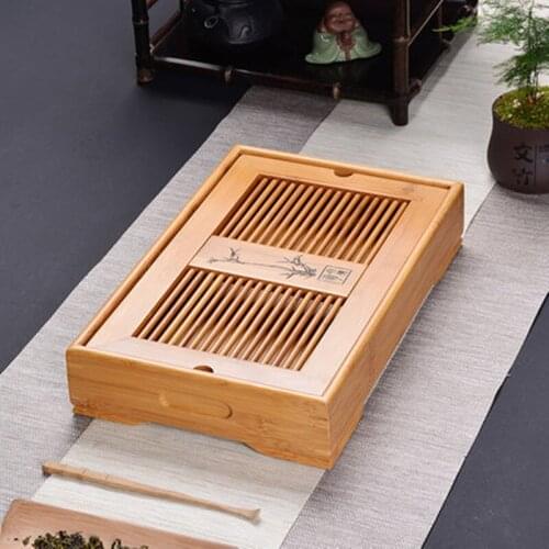 Natural Wooden Bamboo Tea Tray Rectangle Drainage Water Storage Tray Chinese Tea Board Set Home Accessories