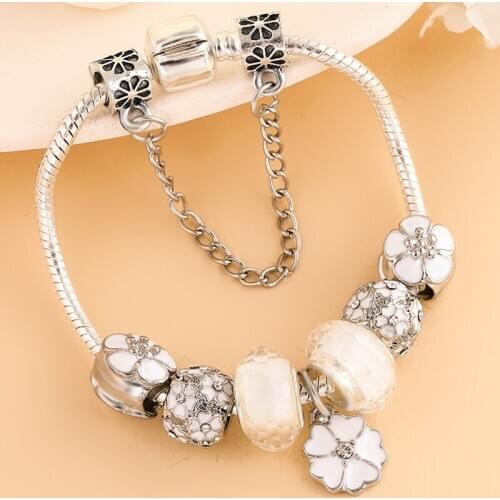 BAOPON Dropshipping DIY European Style Charm Bracelet With Flower Pendant Fits Brand Bracelet for Women Romantic Jewelry Gift