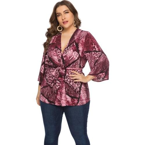 XL To 6XL Plus Size Blouses Women Tops Spring Autumn Snake Print Kimono Style Cardigan Lace Up Blusas Mujer T0115