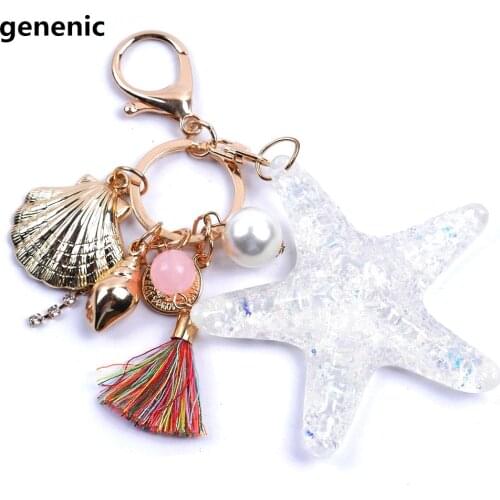 Cartoon Sea World Starfish Pearl Shell Key Ring Chain Crystal Pendant Keyring Keychain Keyfob Lovers Women bag pendant Gift