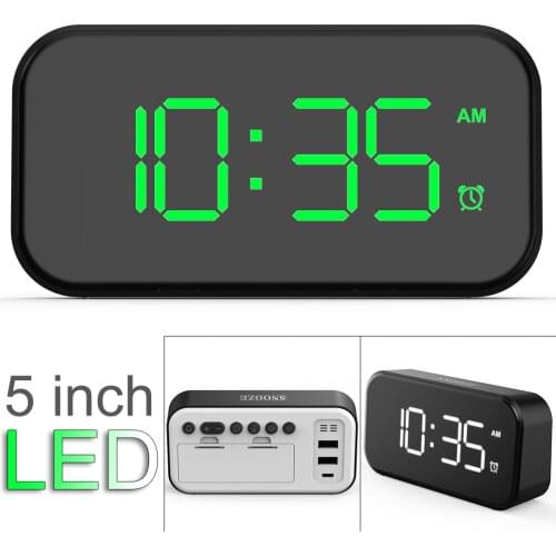 5 Inches Black Fashion Full Screen Digital Touch Alarm Clock with White / Green Display and 100dB Extra Loud Alarm for Bedroom
