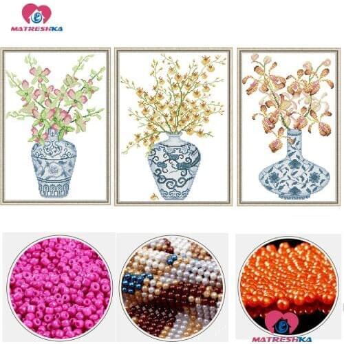Diy pearl partial beads embroidery cross stitch beads embroidery flower vase beadwork home decor crafts needlework accessories