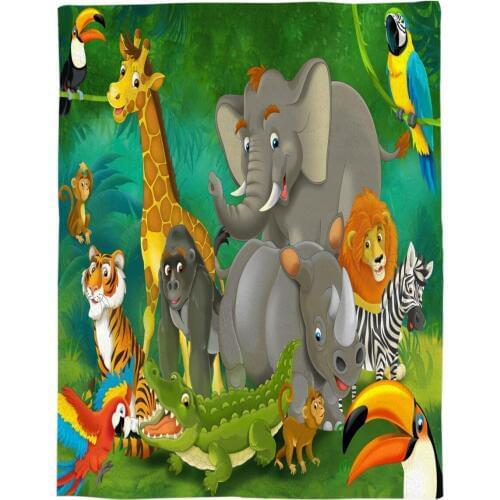 Animal Elephant Lion Crocodile Jungle Parrot Printed Flannel Blanket Soft Throw Blanket Machine Washable Blankets for Beds