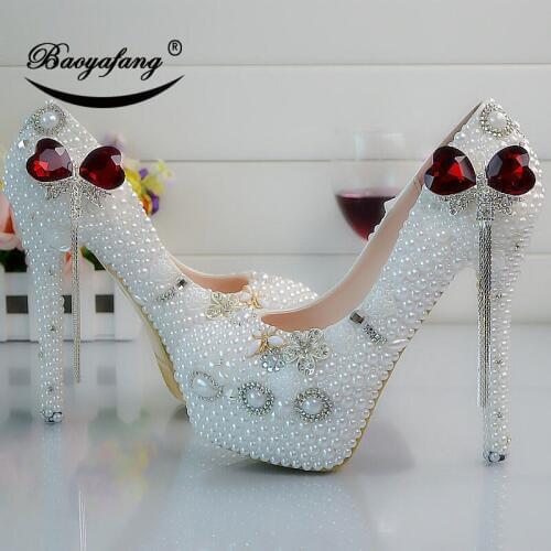 2019 New arrival Womens wedding shoes white pearl Bridal party dress shoes butterfly-knot Woman High heels platform shoe