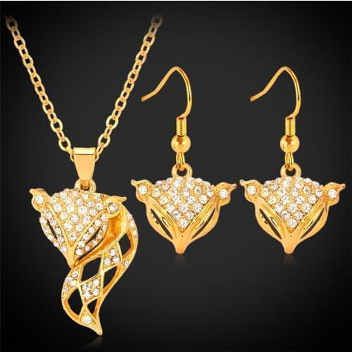 Cute Fox Pendant Necklace Earrings Gold Color Austrian Rhinestone Crystal Jewelry Set Gift For Women PE693