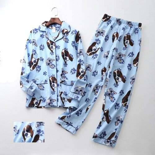 Cartoon Dog Pajamas Set 100% Cotton Winter Womens Pajamas Full Sleeve Shirt Pants Homewear Casual Warm Sleepwear kPaCotAkoWka