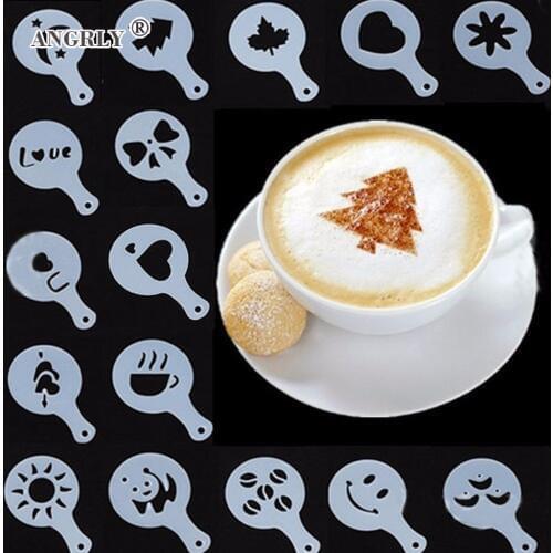 ANGRLY New 16pcs Plastic Fancy Coffee Printing Model Cafe Foam Spray Template Barista Stencils Decoration Tool