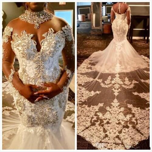 Luxurious African Black Girls Plus Size Sexy Mermaid Wedding Dresses Lace Beaded Crystals Wedding Dress Bridal Gowns vestido