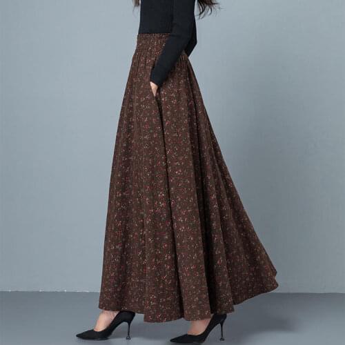 Spring Autumn Skirts Womens Faldas Vintage Print Cotton And Linen Skirt Female Elegant High Waist Black Long Pleated Skirt Q4632