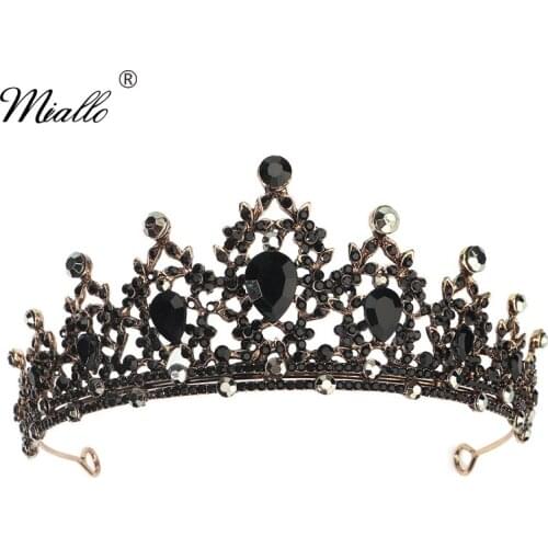 Miallo Fashion Black Crystal Hair Crown for Women Hair Accessories Prom Gold Color Tiaras and Crowns Bridal Hair Jewelry Gifts