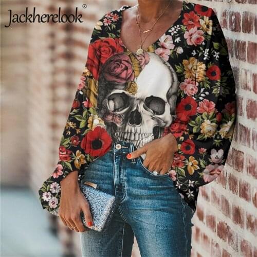 Jackherelook Casual Blouse for Womens Rose Gothic Print Lantern Sleeve Shirts V-neck Woman Clothing Sugar Skull Blusas Feminina