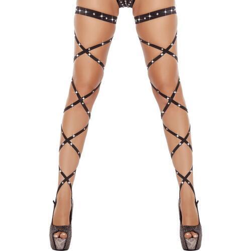 Women Sexy Lingerie Bandage Fishnet Stockings Thigh-High Crystal Studded Thigh High Leg Rave Wraps Strappy Rhinestone Tights