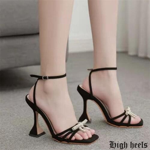 Heels for women rhinestone bow square head metal buckle with wine glass high heel new women sandals shoes high heels