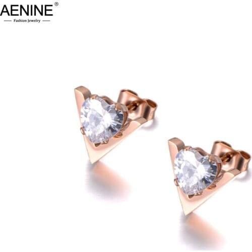 AENINE Trendy Heart Shape Clear CZ Crystal Stud Earrings Jewelry Rose Gold Stainless Steel Earrings For Women Girls AE19149
