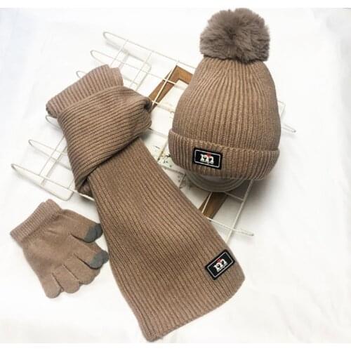 2021 Winter Solid Color Outdoor Beanie Hat for Boys Girls Warm Knitted Hat Cap with Scarf and Glove Sets Kids Accessories 3-8Y