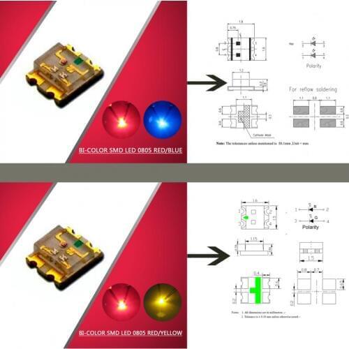 0805 100pcs SMD LED Bi-Color Red/Blue OR Red/Yellow LEDs NEW 1/35 model train railway modeling