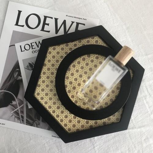 1Pc Nordic Rattan Woven Wooden Storage Tray Handmade Round Rectangular Geometric Ornament Photo Props Home Supplies