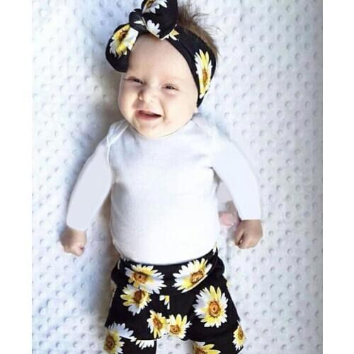 2020 3PCS Newborn Baby Girls Clothes Sets Long Sleeve White Tops Jumpsuit+flower Pants+Headband Infant Baby Girl Clothing Set