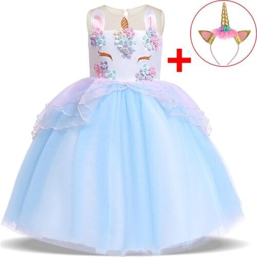 2021 Free Headband Baby Girl Unicorn Party Dress Kids Dresses For Girls Children Princess Dress Birthday Party Cosplay Dress