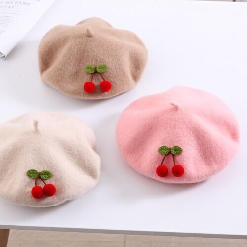 2-6 Children Cherry Beret Autumn Winter Warm Girl Pure Color Cute Japanese Style Handmade Fashion High Quality Painter Beret