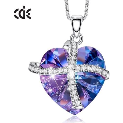 CDE Fashion Jewelry Purple Crystal from Swarovski Heart Pendant Necklace with CZ Cross Women Love Gifts Collier ras du cou