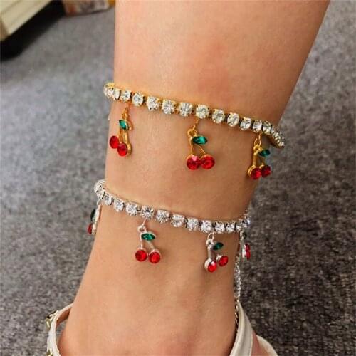 Cubic Zirconia Iced Out Bling Tennis Foot Chain Leg Chain for Women Cherry Charm Anklet Bracelets Wedding Boho Foot Bracelet