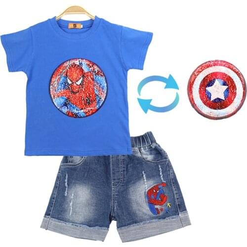 Summer Boys Sets Jeans + T-shirt Velcro Sequins Change Graphic Cotton Children Two Pieces Of Spiderman Superhero 3-8 Years Old