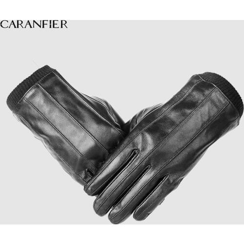 CARANFIER Mens Top Genuine Sheepskin Gloves Winter Outdoor Plus Velvet Warm Men Gloves Touch Screen Elastic Wrist Driving Riding
