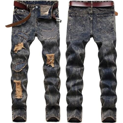 2021 Men’s Retro Style Ripped Jeans,Slim-fit Holes-Patched Denim Pants,Trendy Beggar Jeans Pants,Youth Cool Must